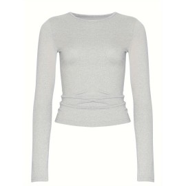 Solid Color Casual T-Shirt, Crew Neck Long Sleeves Slight Stretch Sports Tee, Women's Tops