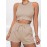 2 Pieces Casual Sports Suit, Solid Rib-knitting Outdoor Set, Crew Neck Sleeveless Crop Top & Drawstring Shorts, Women's Clothing