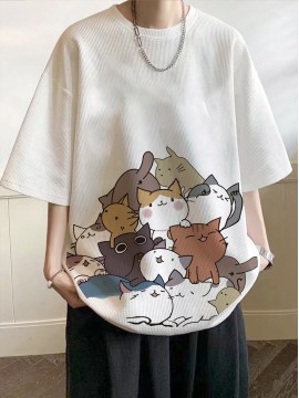 Cat Graphic Casal Sports T-shirt, Round Neck Short Sleeves Workout Top, Women's Activewear