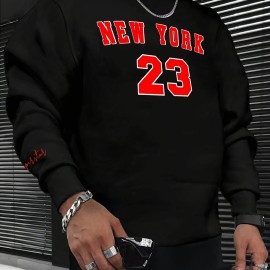 NEW YORK 23 Print Fashionable Men's Casual Long Sleeve Crew Neck Pullover Sweatshirt,Suitable For Outdoor Sports,For Autumn Spring,Can Be Paired With Hip-hop Necklace,As Gifts
