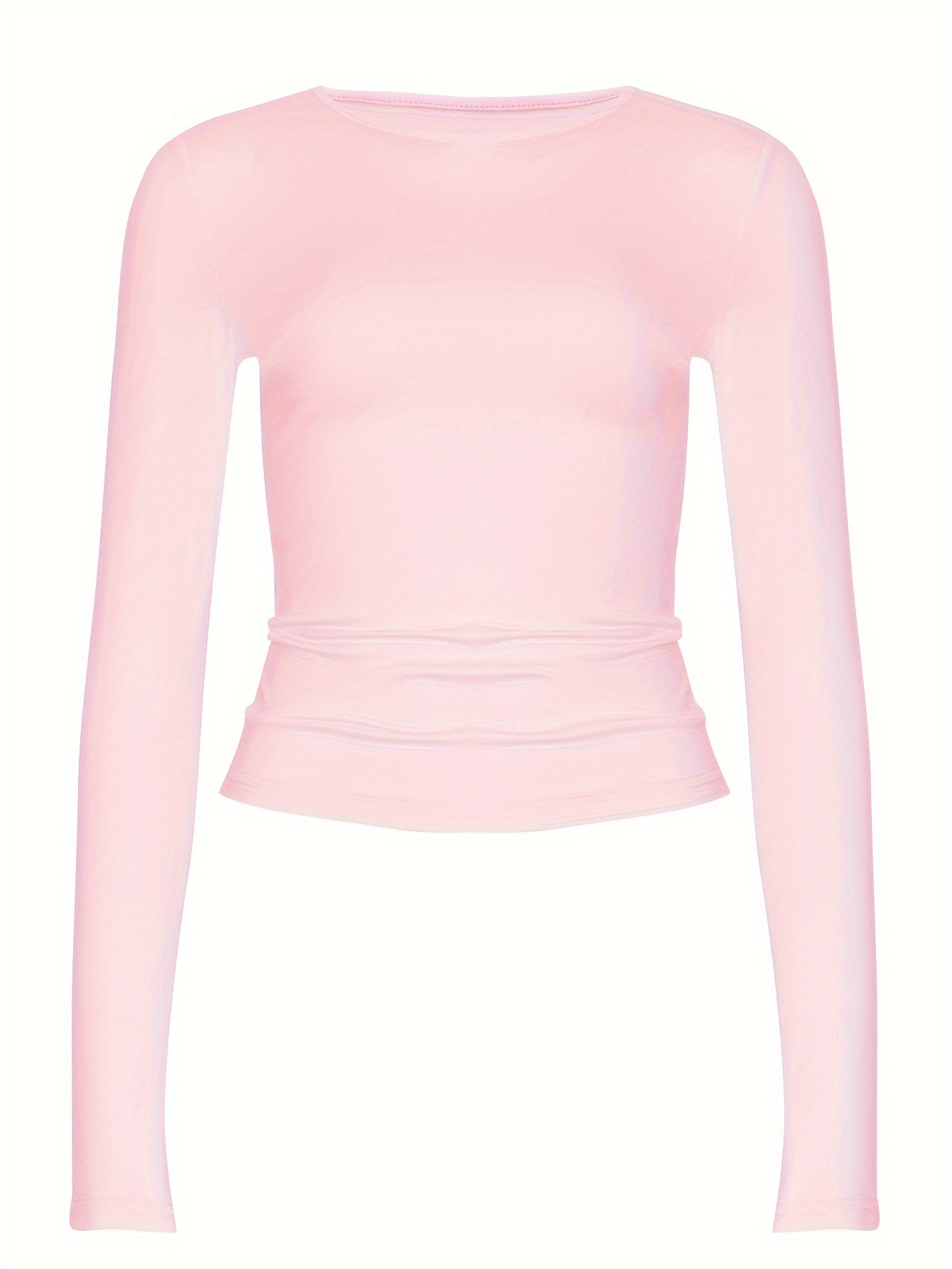 solid color casual t shirt crew neck long sleeves slight stretch sports tee womens tops details 4